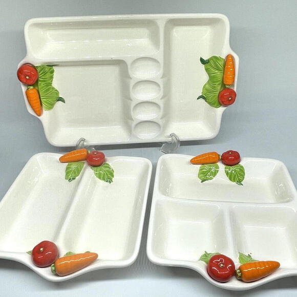 Vintage Divided Veggie Dish Tray Platter 3 Piece Set Mount Clemens Pottery Japan